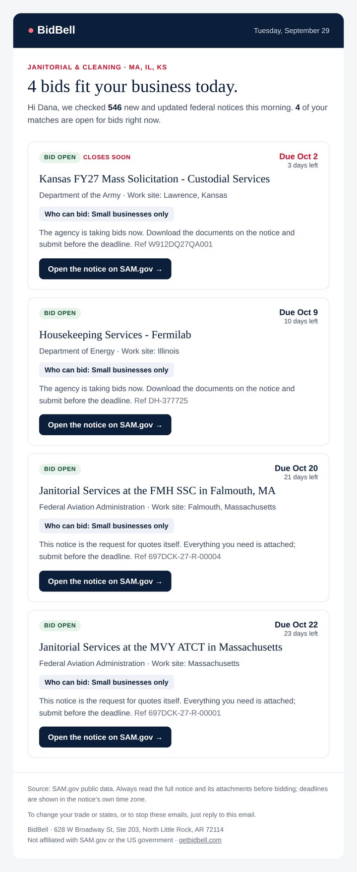 A BidBell alert email listing four open federal janitorial bids in Kansas, Illinois and Massachusetts, each showing the work site, who can bid, the deadline and a link to the official notice.